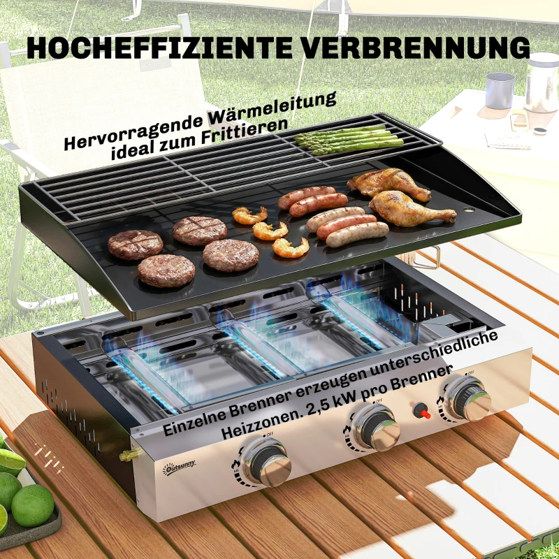 Outsunny Gasgrill 7,5 KW Tragbarer Tischgrill mit 3 Brenner Keramische Lackbeschichtung Grillrost Warmhalterost