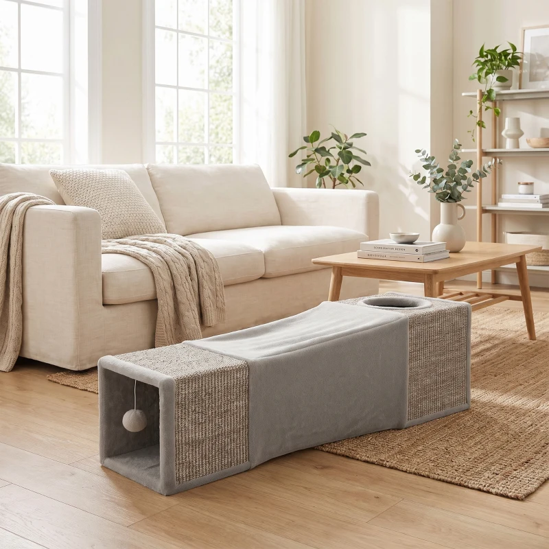 PawHut Tunnel pour chat intérieur jouets pour chats avec balle suspendue entrées multiples en sisal 98 x 30 x 30 cm gris