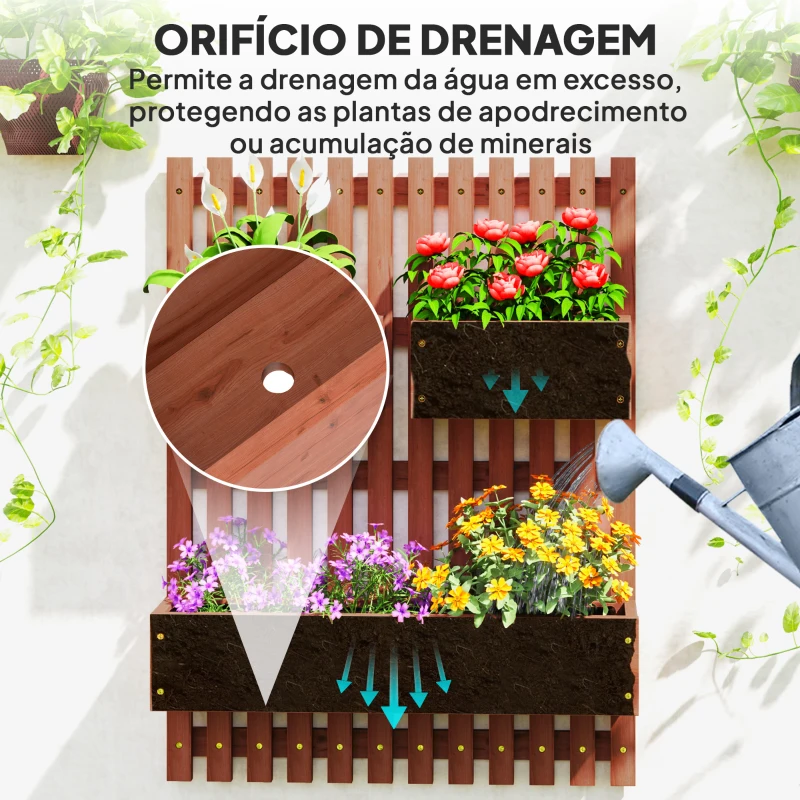 Outsunny Floreira de Parede com Treliça Floreira Vertical de Madeira com 4 Vasos Móveis e Orifício de Drenagem  60x16x80 cm Castanho