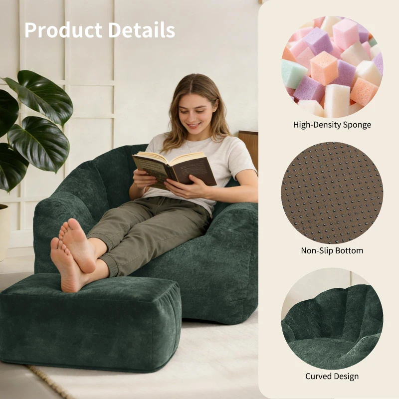 Oversized Bean Bag Chair with Full-Body Segmented Support, Ergonomic Lounger for Gaming, Reading or Napping, 86.5L x 99W x 64.5H cm, Green
