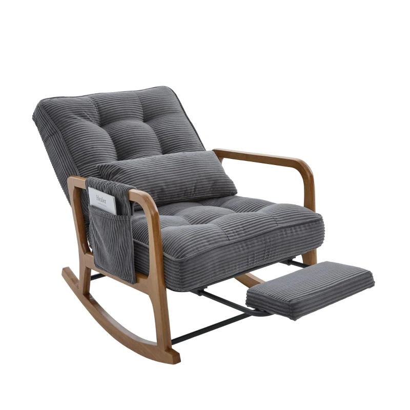 Cozy Rocking Chair with Adjustable Footrest and Side Pocket, Soft Corduroy Glider Armchair for Nursery, 92L x 80W x 70H cm, Gray