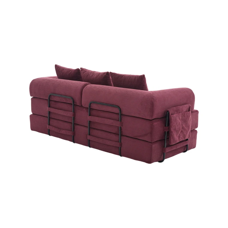 Cozy Compressible Folding Sofa with Detachable Metal Frame, Soft Modular Sectional Couch for Small Apartment, 110L x 33W x 33H cm, Wine Red