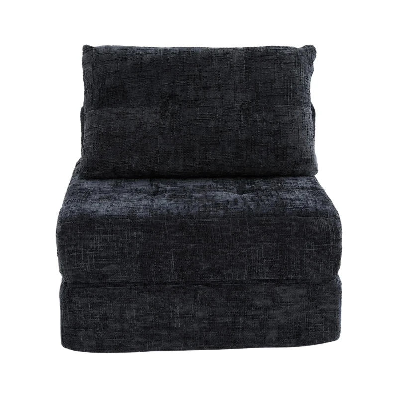 Cozy Convertible Floor Sofa Bed with Button-Tufted Detailing, Soft Chenille Folding Sleeper Couch for Living Room, 180L x 79W x 57H cm, Black