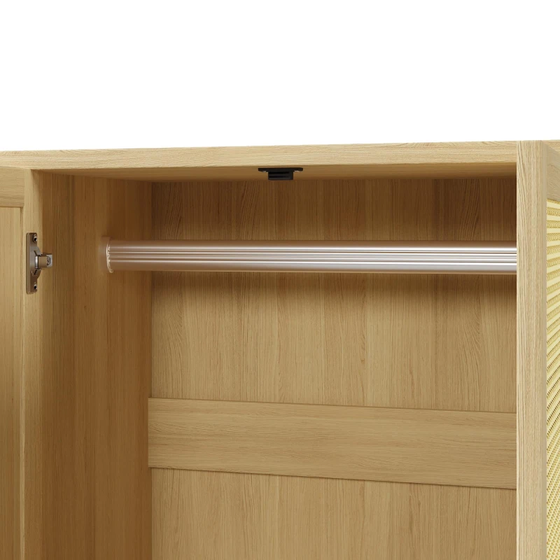 Rustic Oak Rattan Wardrobe with Clothes Rail and 2 Drawers, Wooden Armoire Closet Cabinet for Bedroom, 120L x 50W x 180H cm, Oak