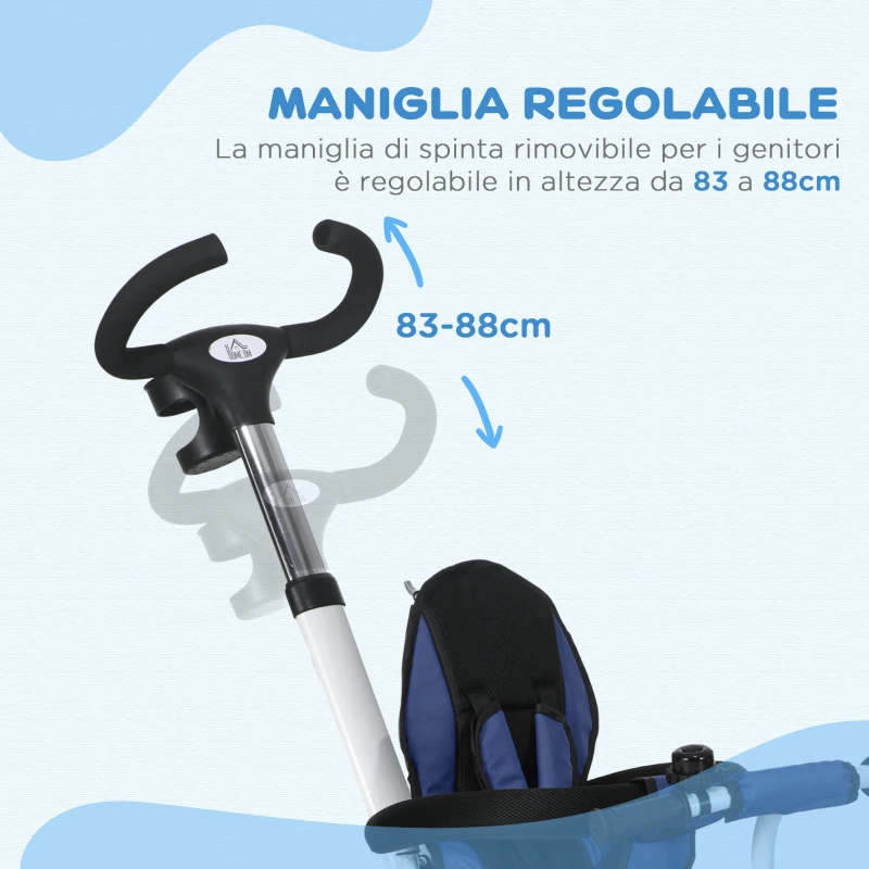 HOMCOM Triciclo Passeggino per Bambini con Maniglione, Parasole Regolabile e Cintura di Sicurezza, Blu Scuro