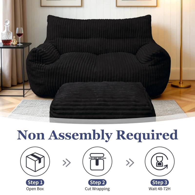 Oversized 2-Seater Corduroy Sofa with Ottoman, Comfortable Couch for Couples and Family, 100L x 135W x 75H cm, Black