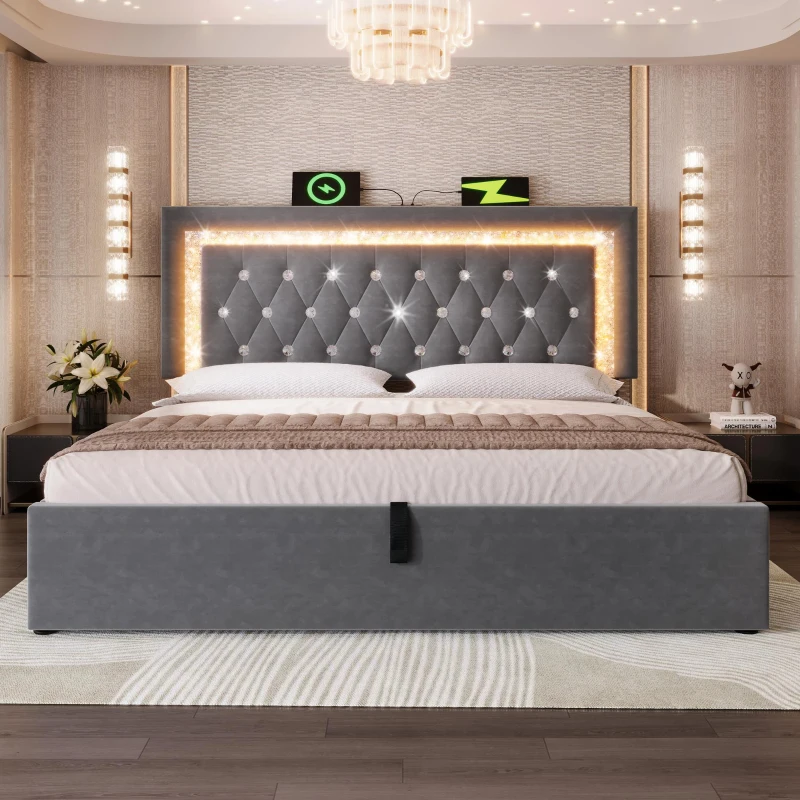 Smart Double Bed with Height-Adjustable Headboard, Stylish Bed Frame for Contemporary Bedrooms, 204L x 145W x 108H cm, Grey