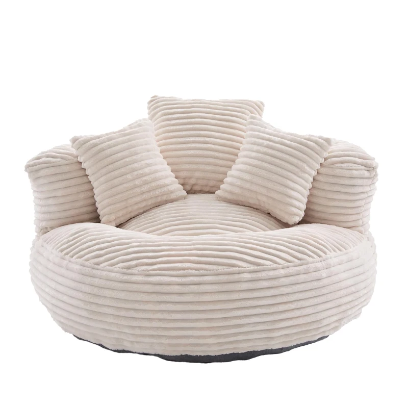 Plush Oversized Bean Bag Chair with High Back & 3 Pillows, Cozy Corduroy Floor Lounger Sofa for Living Room, 108L x 108W x 52H cm, Beige