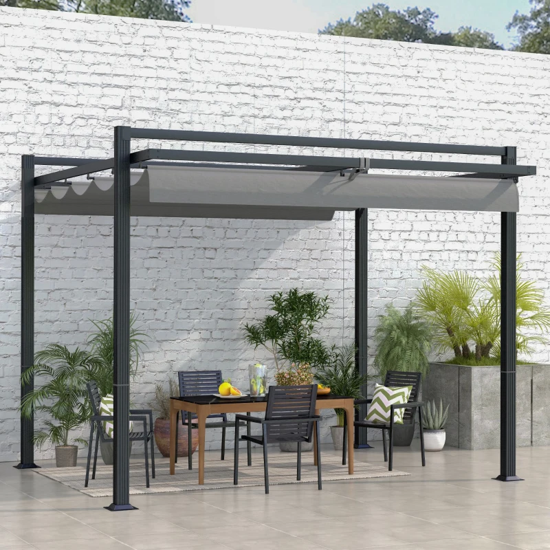 Outsunny 3 x 3(m) Retractable Pergola, Garden Gazebo Shelter with Aluminium Frame, for Grill, Patio, Deck, Dark Grey