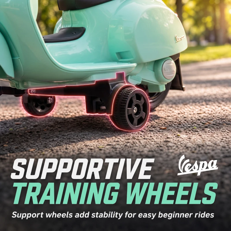 AIYAPLAY Motocicletă electrică pentru copii licențiată Mini Vespa GTS 2 roți auxiliare baterie litiu far claxon spătar Verde