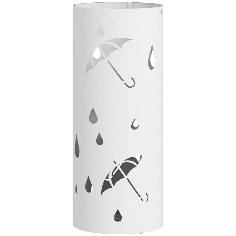 HOMCOM Porte parapluie cylindrique support pour parapluies bac d'égouttement amovible et 4 crochets, Ø 17 x 41 cm, blanc