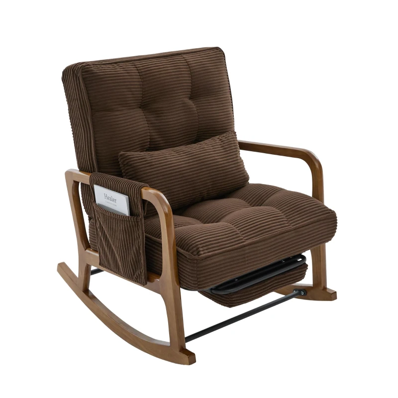 Cozy Rocking Chair with Adjustable Footrest and Side Pocket, Soft Corduroy Glider Armchair for Nursery, 92L x 80W x 70H cm, Coffee