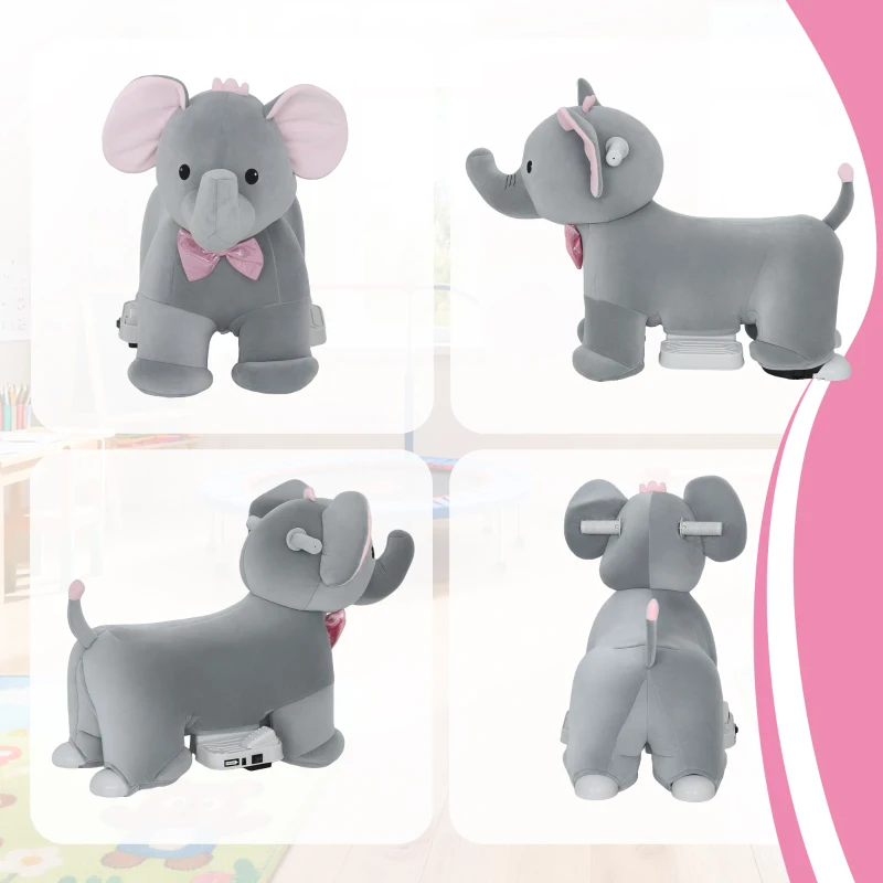 AIYAPLAY Elefante Elétrico com Música Bateria 6V com Toque Suave Rodas Silenciosas de PU e Pedal 74x34x51 cm Cinzento