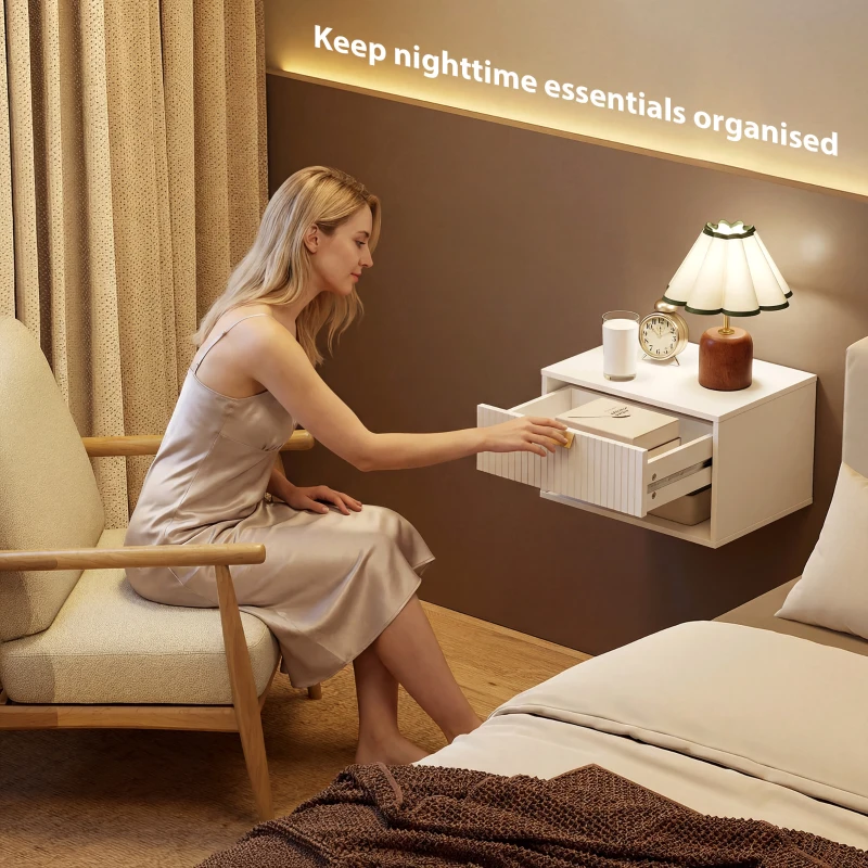 HOMCOM Set of 2 Wall Mounted Nightstands, Floating Bedside Tables with Fluted Drawer and Open Shelf for Small Bedroom, White