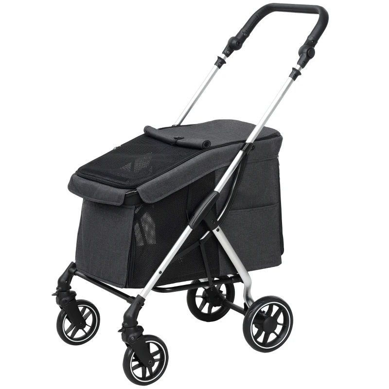 PawHut Poussette pour chien 4 roues légère et pliable, coussin lavable, laisse de sécurité, fenêtre à mailles multiples, gris