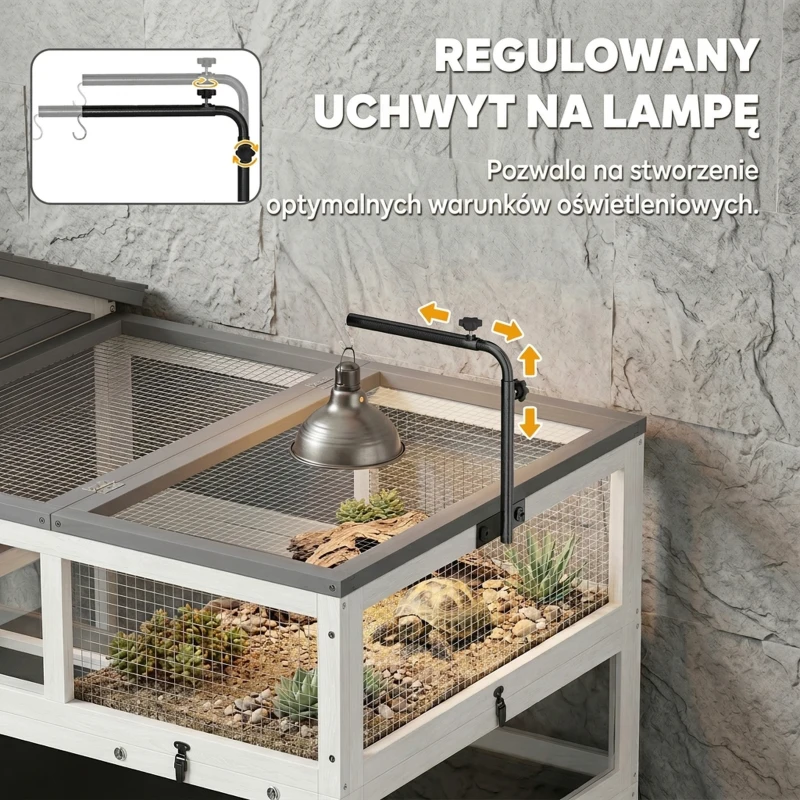 PawHut Terrarium dla żółwia drewniany domek wybieg dwupoziomowy z uchwytem na lampę i tacą 116x70,5x69,5 cm szaro-biały