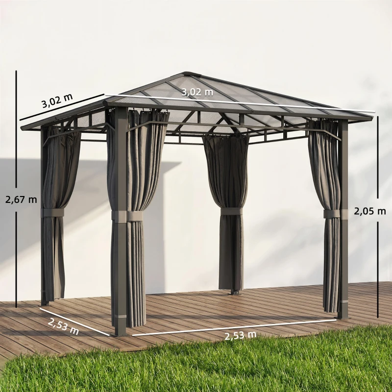 Outsunny Gartenpavillon ca. 3 x 3 m Metall Pavillon mit 6 mm Polycarbonat-Dach 4 Seitenteile, UV50+ Dunkelgrau