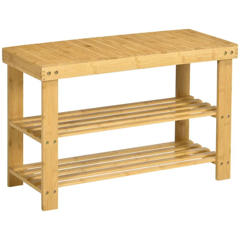 HOMCOM Banco Sapateira de Bambu Organizador de Sapatos com 2 Prateleiras para 6-9 Pares de Sapatos 70x28x45 cm Madeira
