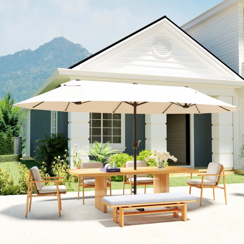Outsunny Grande Parasol de Jardin Exterieur 4,6 x 2,7 m avec Pied en Croix, Parasol Double avec Manivelle, pour Terrasse, Crème