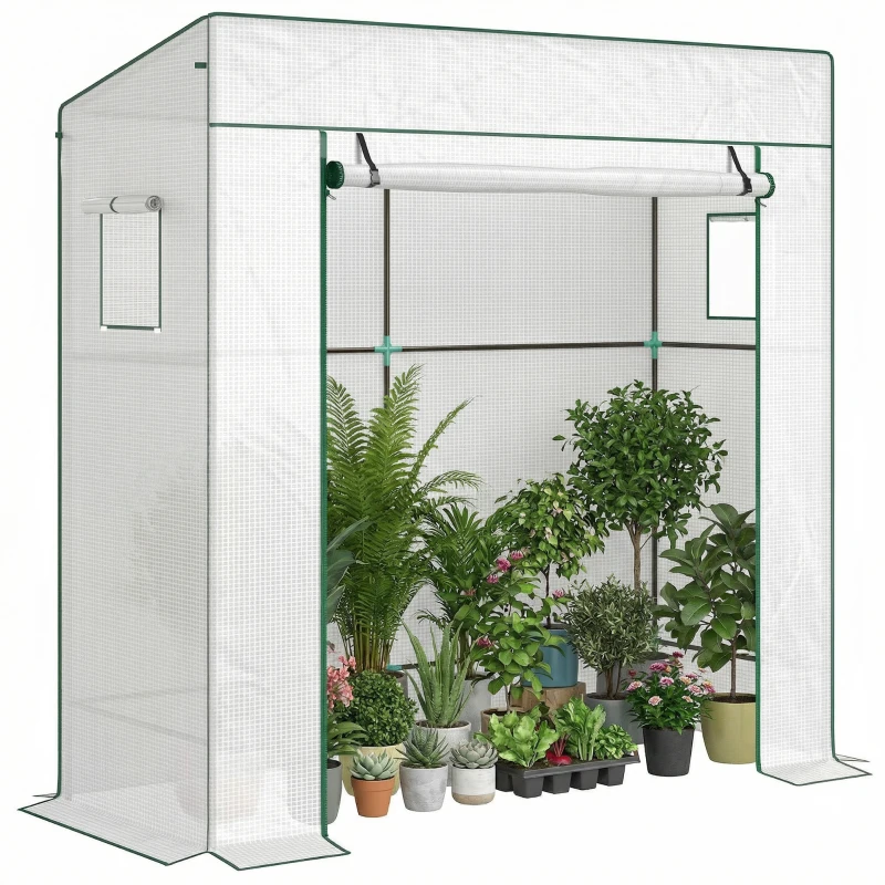 Outsunny Serre de jardin murale adossée avec 1 porte enroulable, bâche PE renforcée, 2 fenêtres, dim. 196L x 77l x 197/178H cm