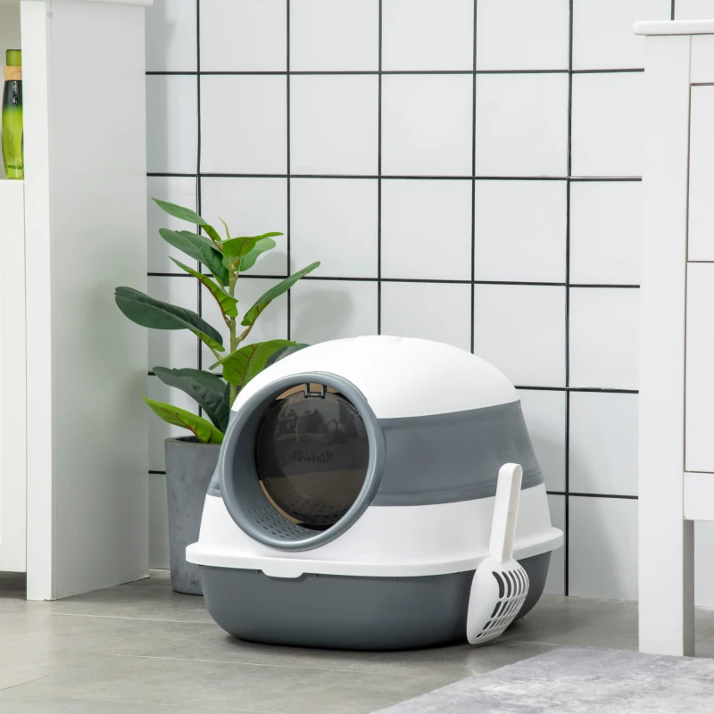 PawHut Maison de toilette pour chat pliable porte battante lucarne + pelle fournis 52 x 41 x 38 cm gris blanc