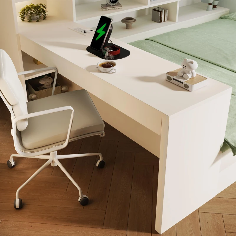 4ft6 Double Daybed with Built-In Desk and Storage Drawers, Modern Wooden Frame Sleeper Bed for Home Office, 263L x 159W x 100H cm, White