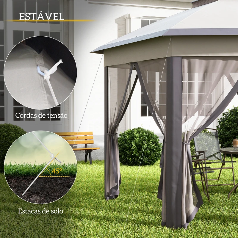 Outsunny Tenda Dobrável 4x3,4 m Hexagonal com Duplo Teto 6 Mosquiteiras Destacáveis e Saco de Transporte Castanho e Bege
