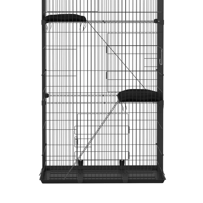 PawHut 3-Tier Large Cat Cage Indoor, Detachable Metal Wire Kennel with Hammock, Platforms, Tray and Cushions for 1-2 Kittens