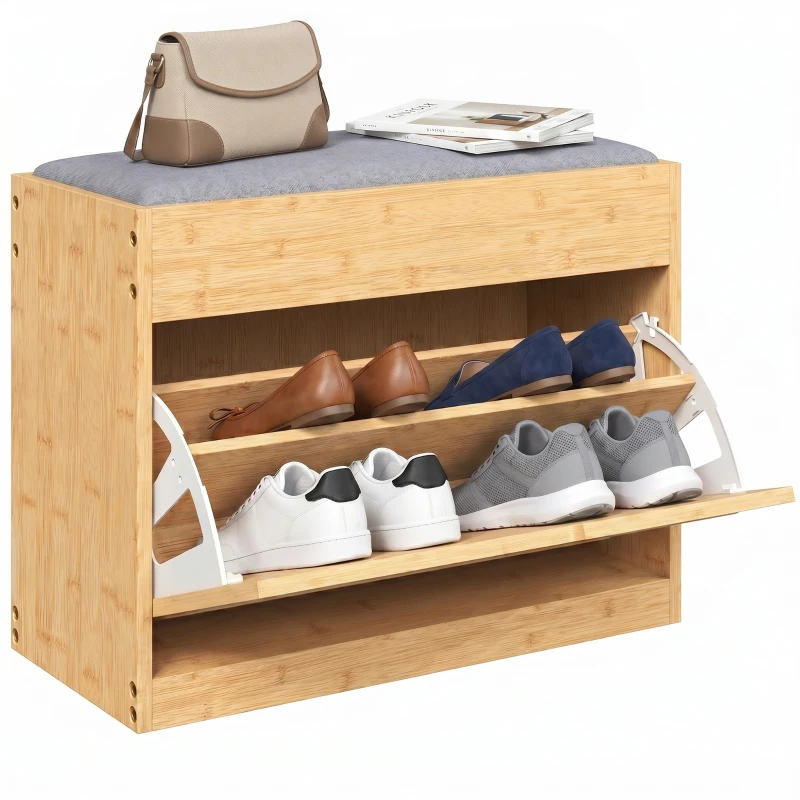 HOMCOM Banc chaussures entrée, banc de rangement en bambou, assise rembourrée, porte en rotin et étagère réglable, bois naturel