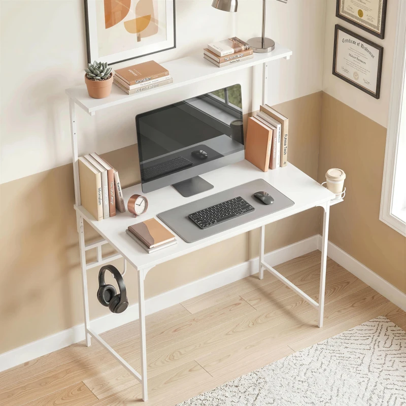 HOMCOM Computer Desk, 80cm Home Office Study Table with Hutch Shelf, Cup Holder, Headphone Hook, White