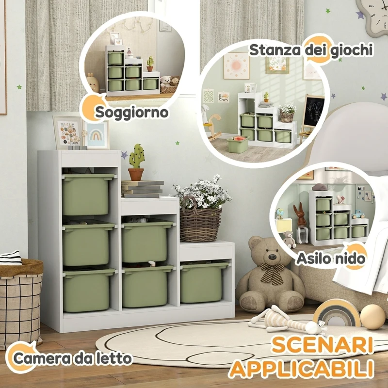 AIYAPLAY Scaffale Portagiochi a 3 Livelli con 6 Contenitori per Bambini da 3-8 Anni, 96x38.5x90cm, Verde