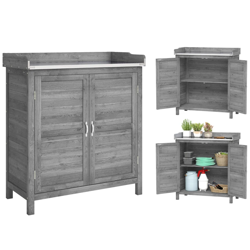 Outsunny Gartenschrank mit Pflanztisch, Holz Geräteschuppen mit verzinkter Arbeitsplatte 2 Regalböden Grau