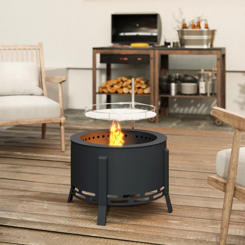 Outsunny Portable Fire Pit, 58 cm Round Firepit with Grill Grate, Fire Bowl with Ash Catcher and Poker, Fire Pit BBQ for Garden Camping Bonfire Picnic, Black