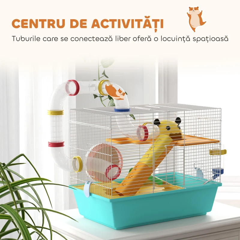 PawHut Cușcă pentru Hamsteri cu Roată, Căsuță, Bol, Rampe și Recipient Apă, Cușcă pentru Gerbili din Oțel, PS și PP, 45x28x37 cm, Alb și Albastru