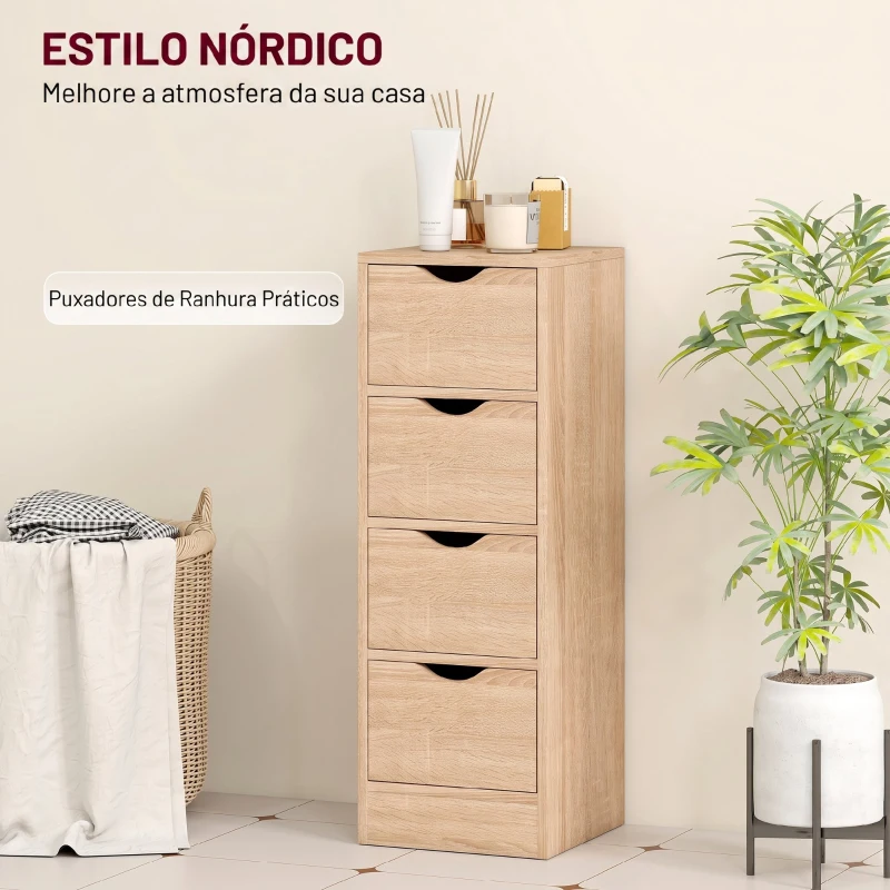 HOMCOM Armário de Casa de Banho Estreito com 4 Gavetas e Puxadores com Ranhuras, 29x29x83 cm, Madeira Natural