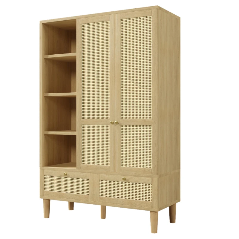 Rustic Oak Rattan Wardrobe with Clothes Rail and 2 Drawers, Wooden Armoire Closet Cabinet for Bedroom, 120L x 50W x 180H cm, Oak