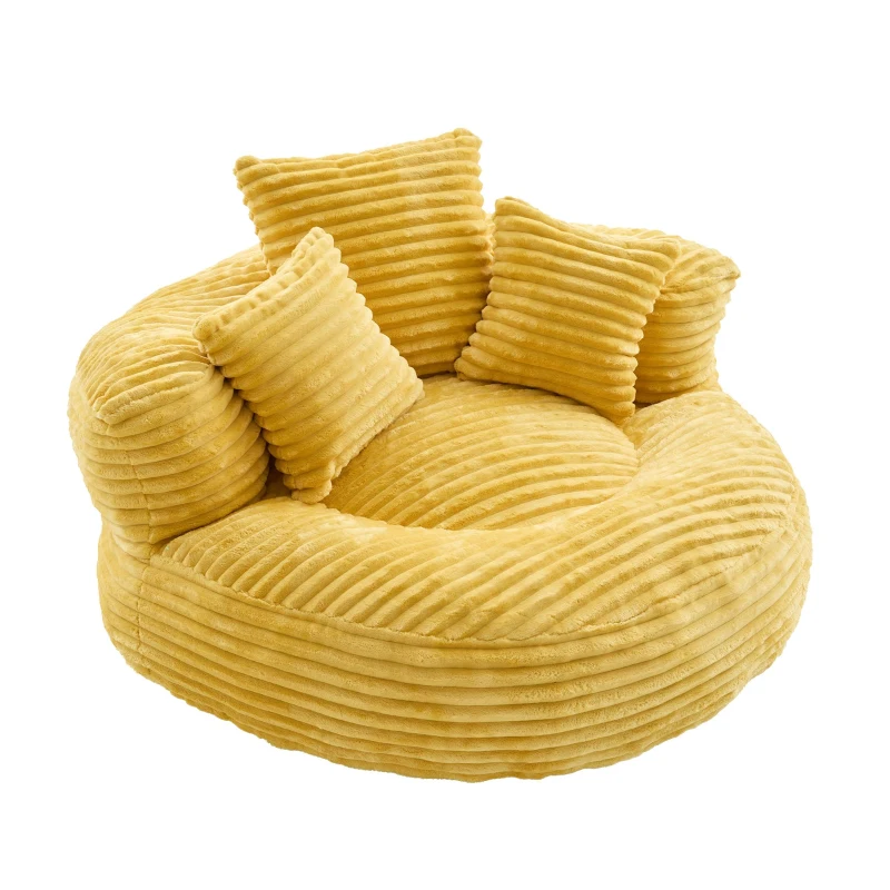 Plush Oversized Bean Bag Chair with High Back & 3 Pillows, Cozy Corduroy Floor Lounger Sofa for Living Room, 108L x 108W x 52H cm, Mustard Yellow