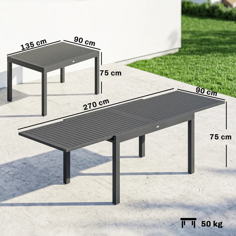 Outsunny Table de Jardin Extensible Grande Capacité 6-10 Personnes avec Rallonge 135-270cm pour Jardin et Balcon Aluminium Gris