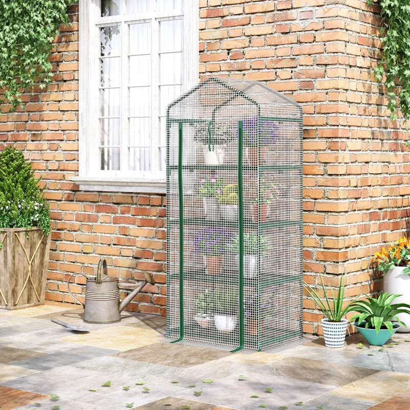 Outsunny Serre de Jardin PE avec Étagères 4 Niveaux, Serre de Balcon, Bâche Renforcée 140g/m², Châssis en Acier, Porte Zippée Enroulable, pour Légumes et Plantes, Extérieur, 70x50x160cm, Blanc