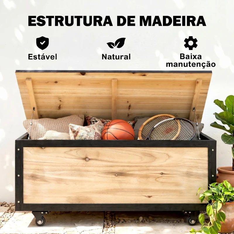 Outsunny Baú de Exterior 121 L Baú de Armazenamento em Madeira com 4 Rodas para Jardim Pátio Varanda 100x50x43 cm Natural e Preto