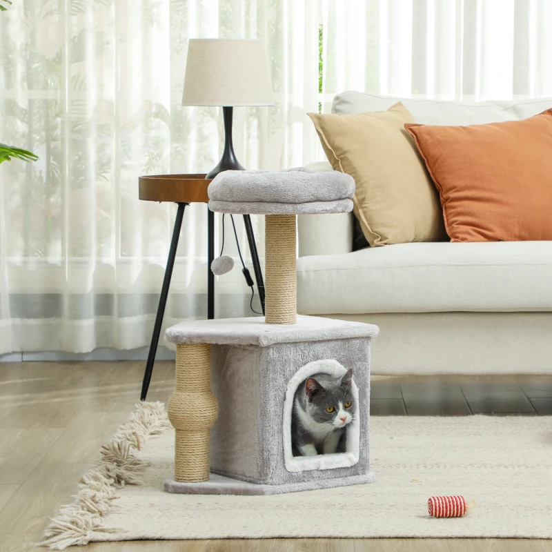 PawHut Arranhador para Gatos com Cama Caverna Plataforma Bola Suspensa e Poste de Juta 42x30x66 cm Cinza e Bege