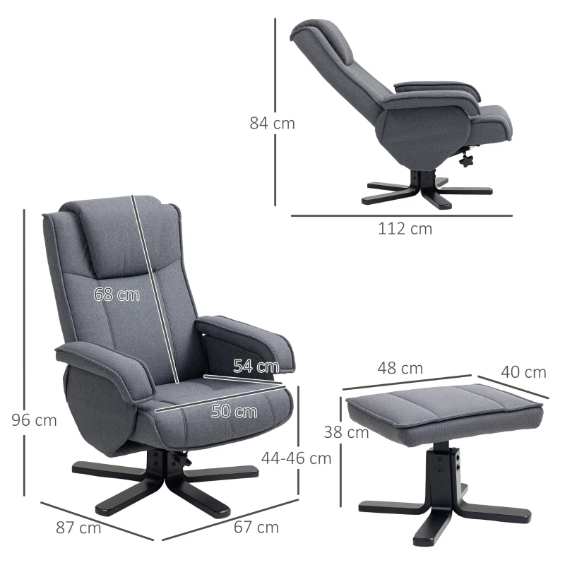HOMCOM Swivel Recliner Chair with Footstool - Charcoal Grey Linen