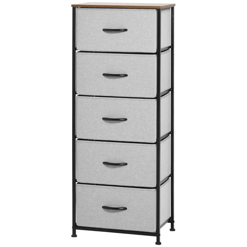 HOMCOM Fabric Chest of Drawers, Industrial Bedroom Dresser with 5 Fabric Drawers, Steel Frame and Wooden Top for Nursery, Living Room, Hallway, Grey