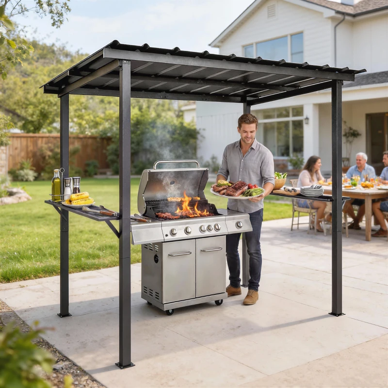 Outsunny Grillpavillon 2,71 x 1,82 m Gartenpavillon mit Pultdach, Seitenregalen UV-Schutz 50+ Schwarz