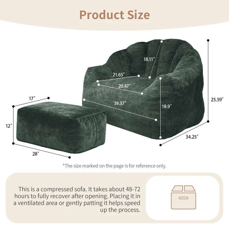 Oversized Bean Bag Chair with Full-Body Segmented Support, Ergonomic Lounger for Gaming, Reading or Napping, 86.5L x 99W x 64.5H cm, Green