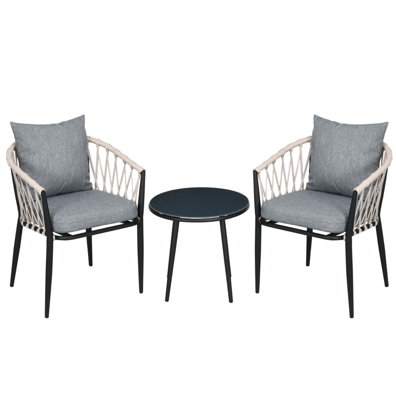 Outsunny Gartenmöbel-Set, 3-tlg., runder Tisch mit Hartglasplatte, zwei Stühle, Rattanoptik, grau