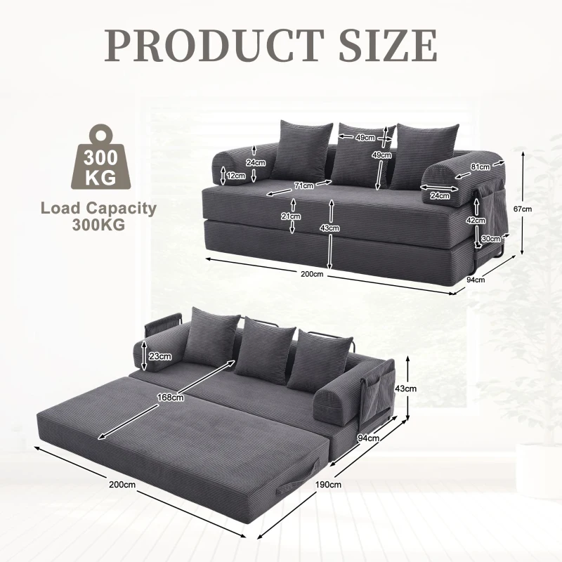 Cozy Compressible Folding Sofa with Detachable Metal Frame, Soft Modular Sectional Couch for Small Apartment, 110L x 33W x 33H cm, Dark Gray