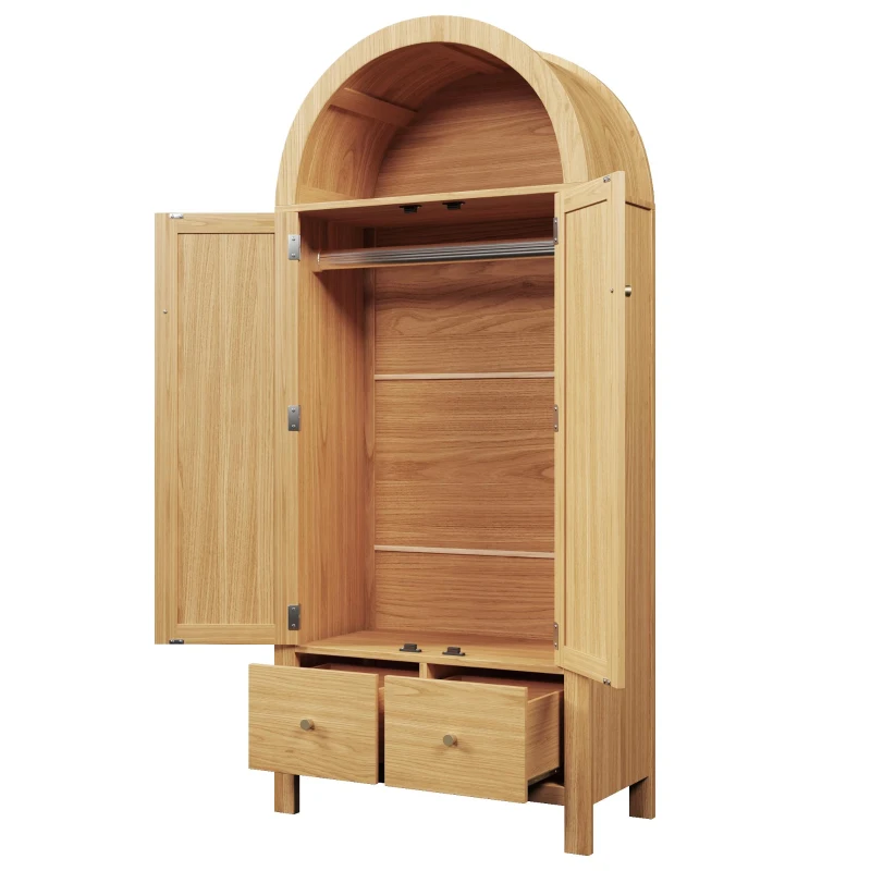 Country-Style Rattan Wardrobe with Semi-Circular Storage Area, Stylish Storage Cabinet for Bedrooms and Entryways, 78L x 45W x 181H cm, Oak