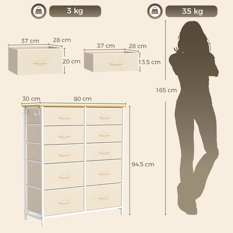HOMCOM 10-Drawer Fabric Chest, Storage Unit with 4 Pockets, 2 Hooks, Steel Frame, 80 x 30 x 94.5 cm, Beige