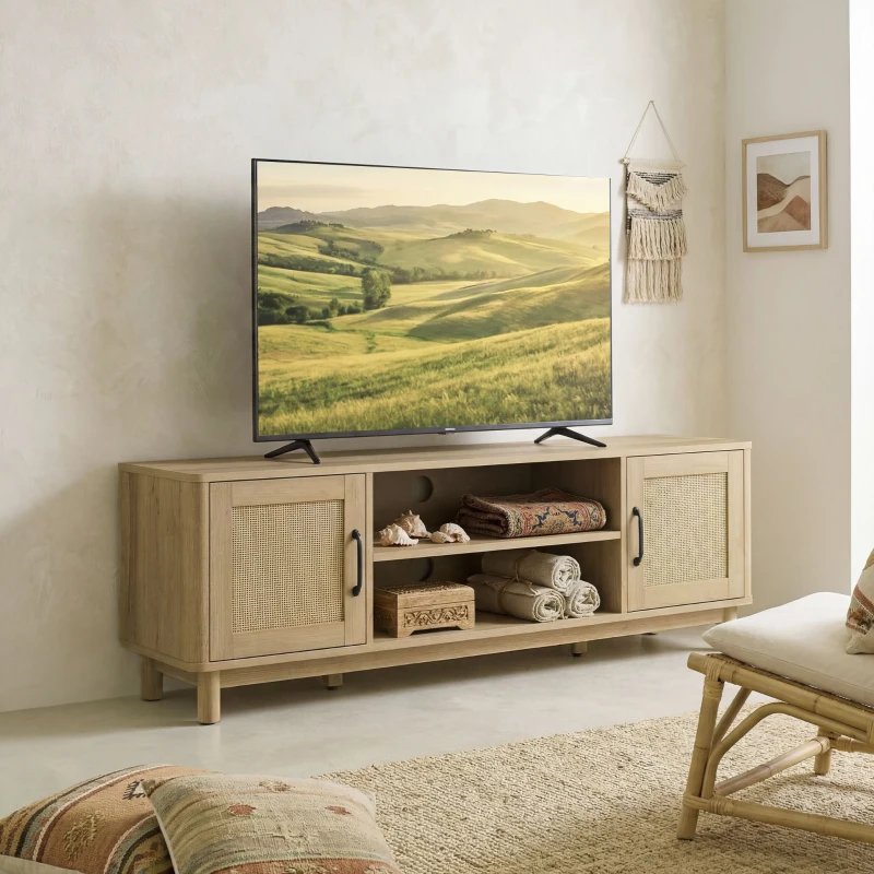 HOMCOM Meuble TV 135 cm, meuble télé pour téléviseur jusqu'à 65 pouces avec 2 portes en rotin, 2 compartiments ouverts, chêne